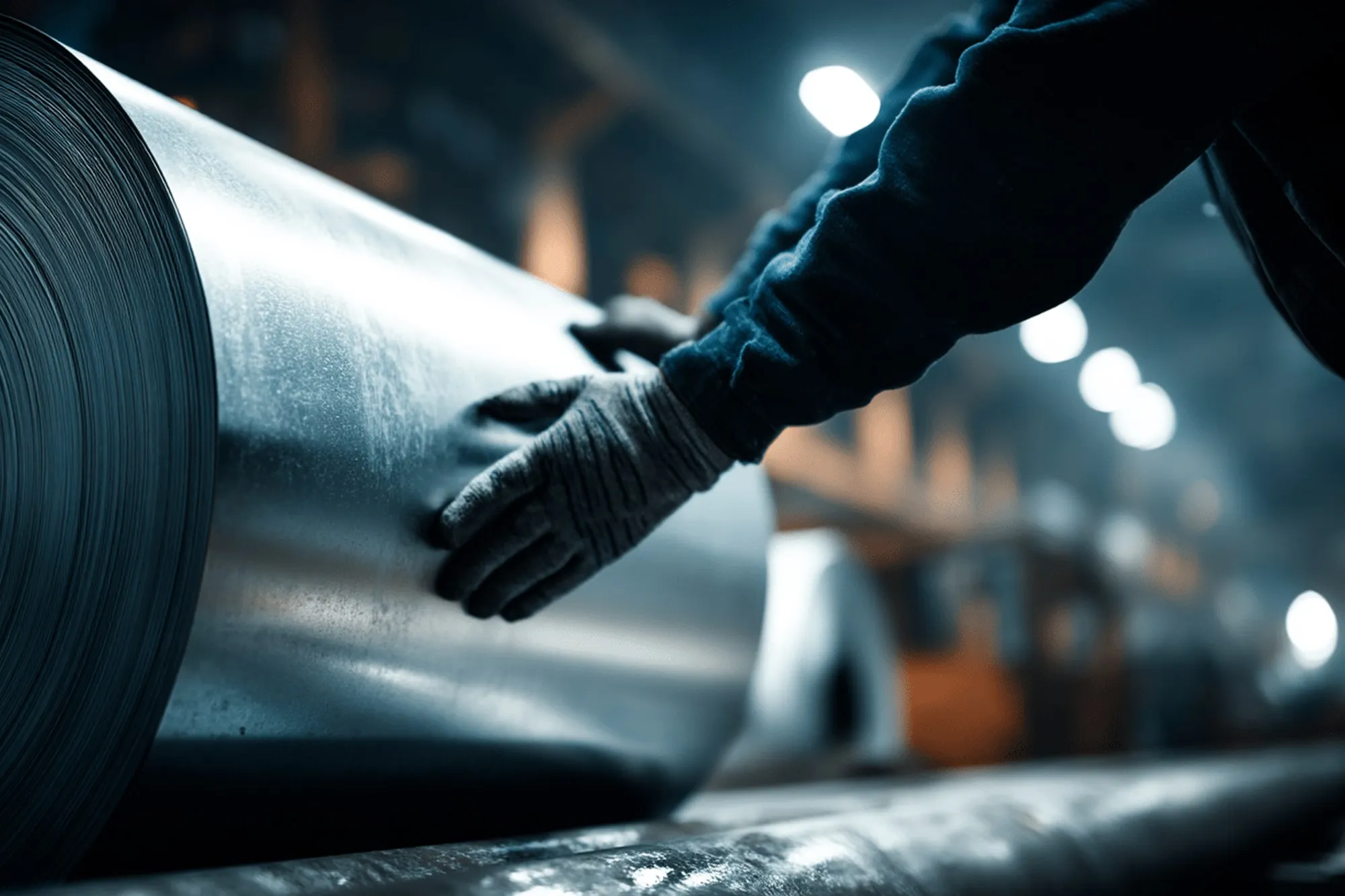 Worker with gloves handling a large metal roll in an industrial setting.